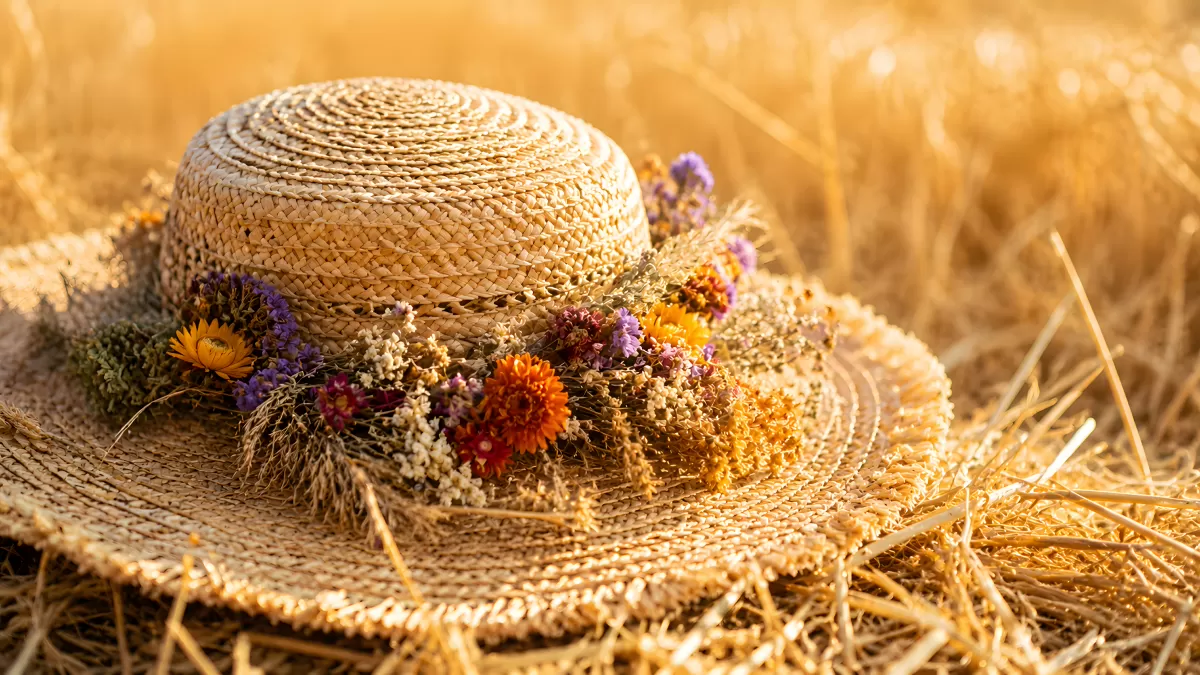 Strohhut mit Trockenblumen auf einem Heuballen