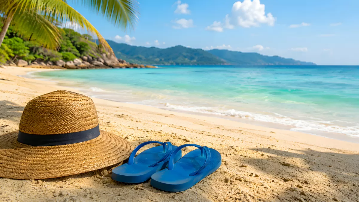 Strohhut und blaue Flip-Flops am tropischen Sandstrand