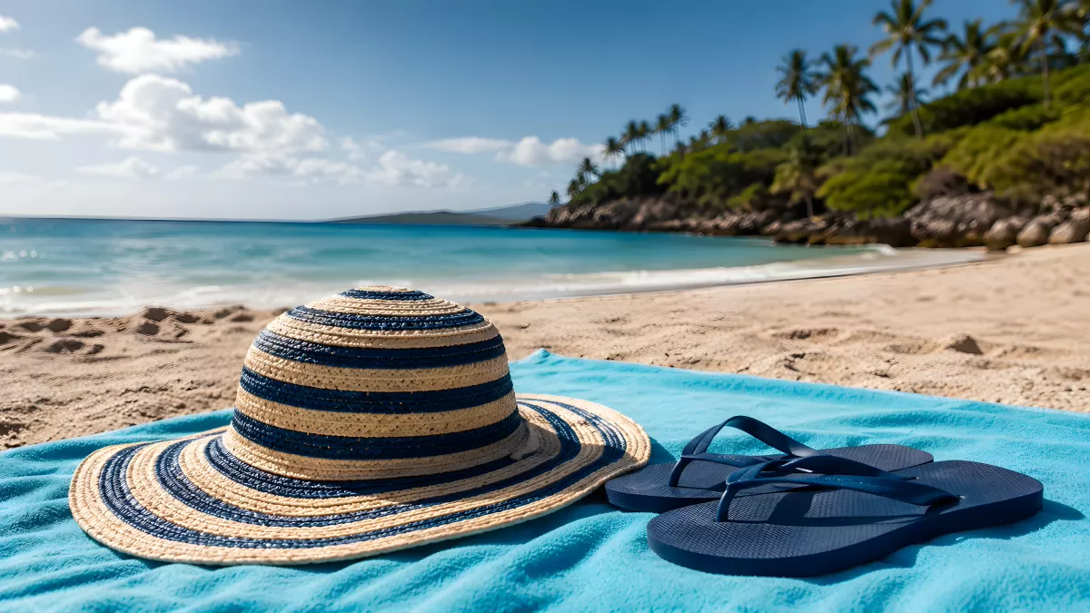 Strohhut und Flip-Flops auf blauem Strandtuch am Meer