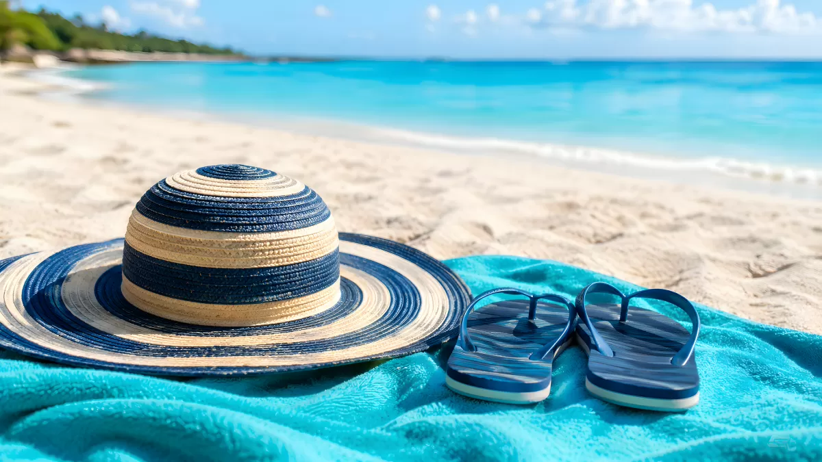 Strohhut und Flip-Flops auf türkisfarbenem Strandtuch
