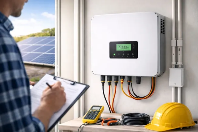 Stromtechniker prüft Photovoltaikanlage Wechselrichter