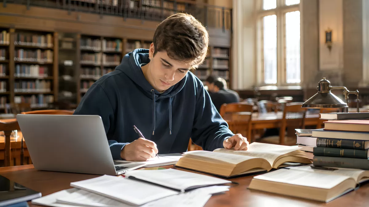 Student lernt in historischer Bibliothek mit Büchern