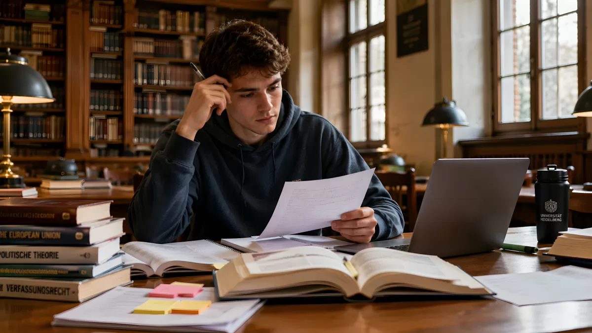 Student lernt in klassischer Bibliothek mit Büchern