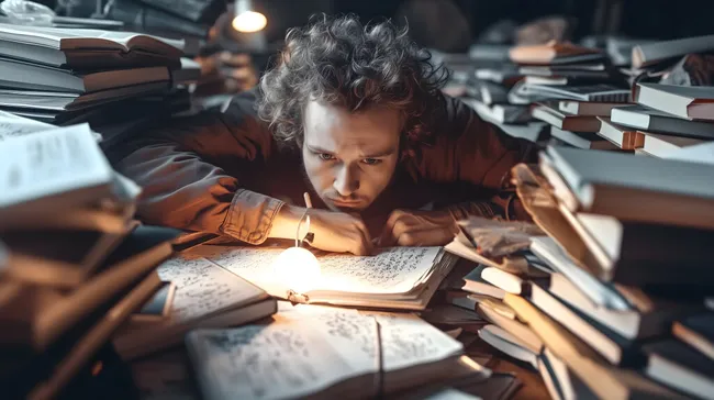 Student lernt spät in der Nacht mit Büchern und Notizen
