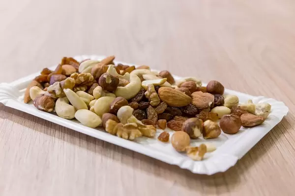 Studentenfutter - Probierteller mit verschiedenen Nüssen und Rosinen auf einem weißen Pappteller auf der Fibo in Köln