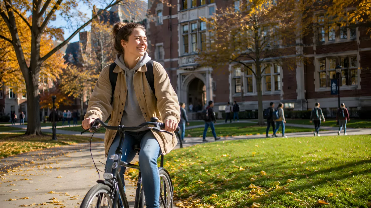 Studentin fährt Fahrrad auf herbstlichem Universitätscampus