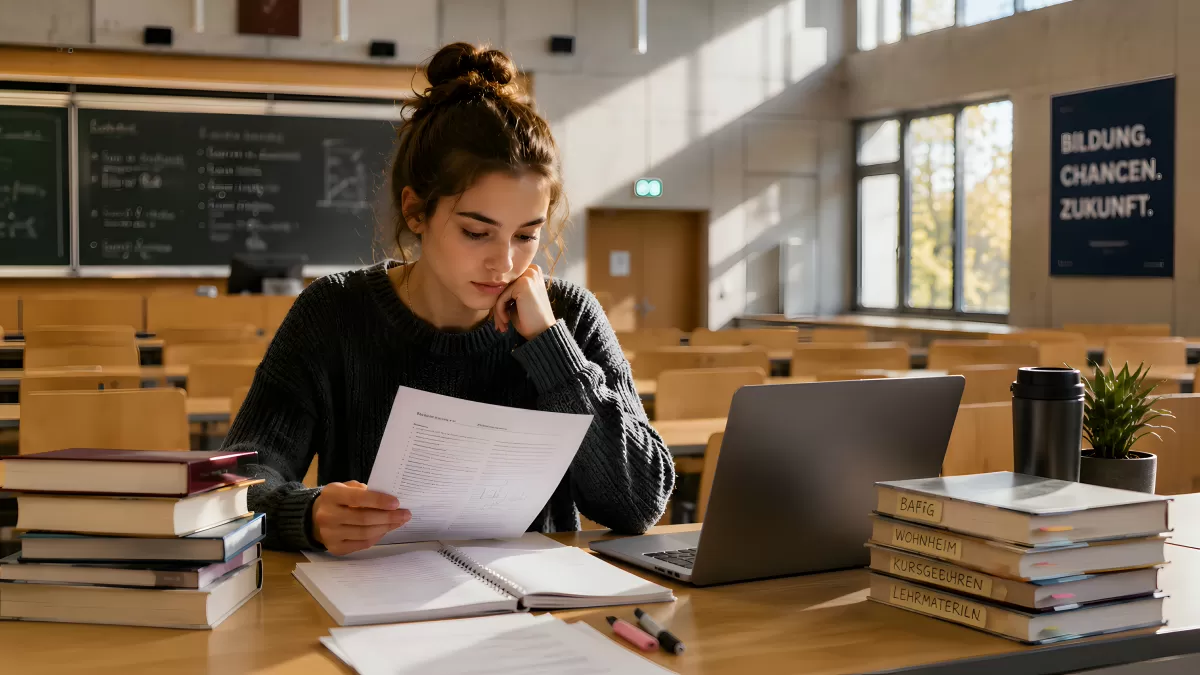 Studentin lernt allein im Hörsaal mit Laptop und Büchern