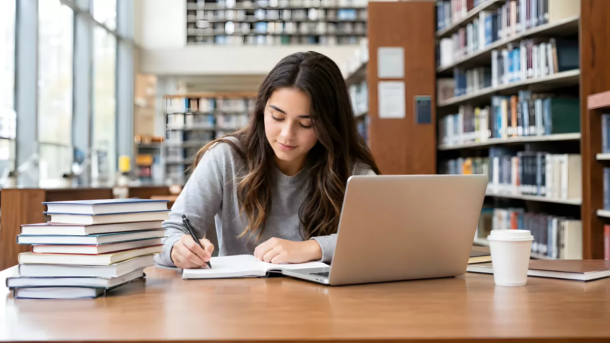 Studentin lernt in Bibliothek mit Laptop und Büchern