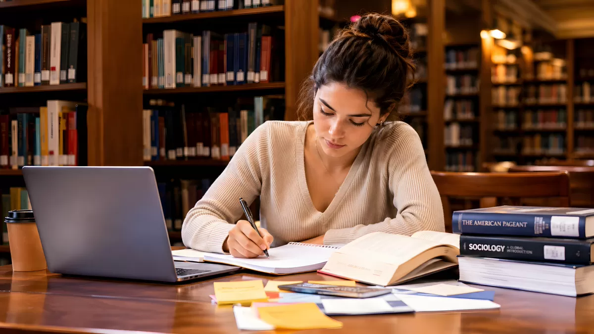 Studentin lernt konzentriert in einer Bibliothek