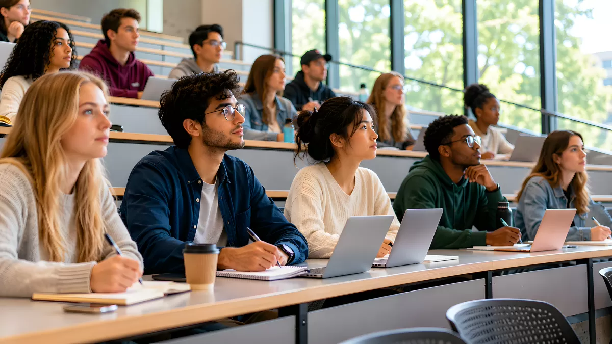 Studierende im Hörsaal hören aufmerksam einer Vorlesung zu