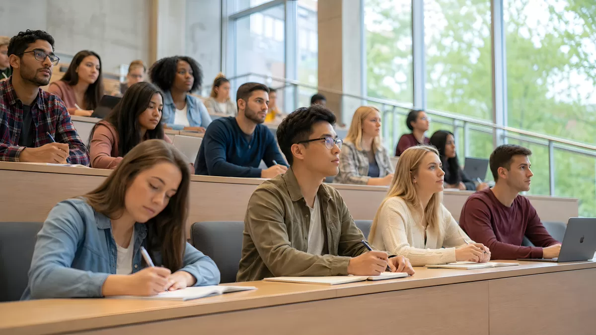 Studierende im modernen Hörsaal verfolgen eine Vorlesung