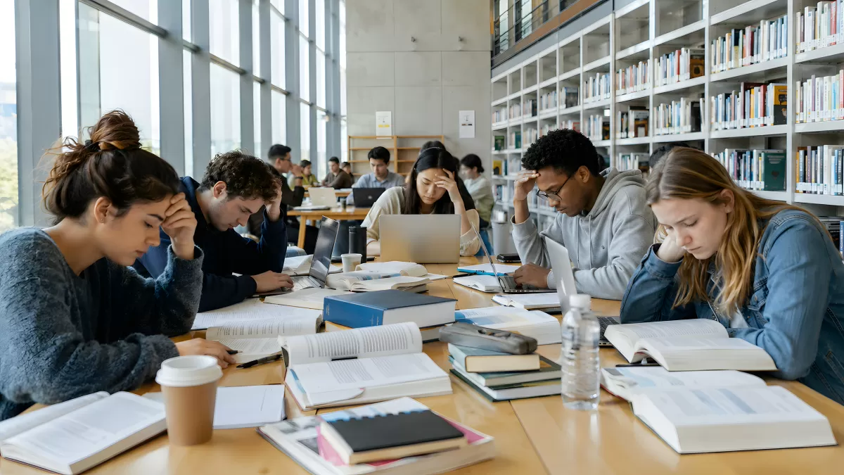 Studierende lernen gemeinsam in moderner Bibliothek