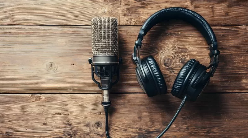 Studiomikrofon mit Kopfhörer auf Holzuntergrund