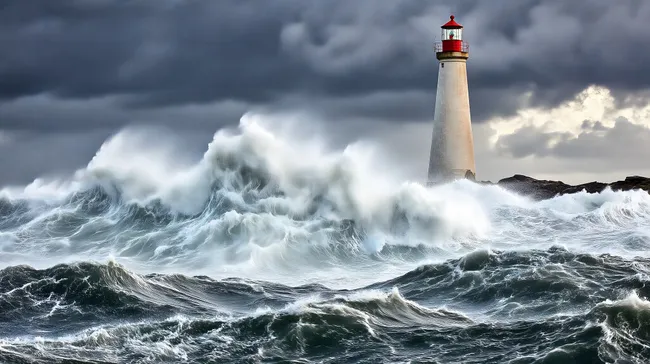 Stürmische See mit Leuchtturm in dramatischer Landschaft