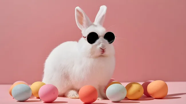 Stylischer Osterhase mit Sonnenbrille und Eiern