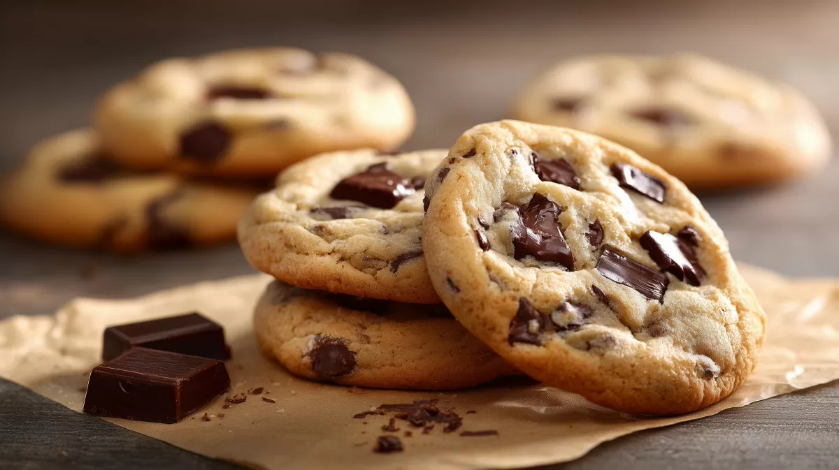 Subway Cookies mit Schokoladenstücken auf Backpapier