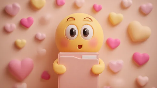 Süße 3D-Emoji-Figur mit Datei-Ordner vor Herzchen-Hintergrund