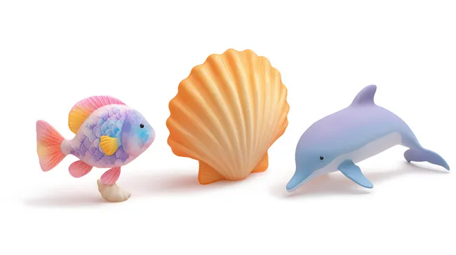 Süße 3D-Meerestiere auf weißem Hintergrund