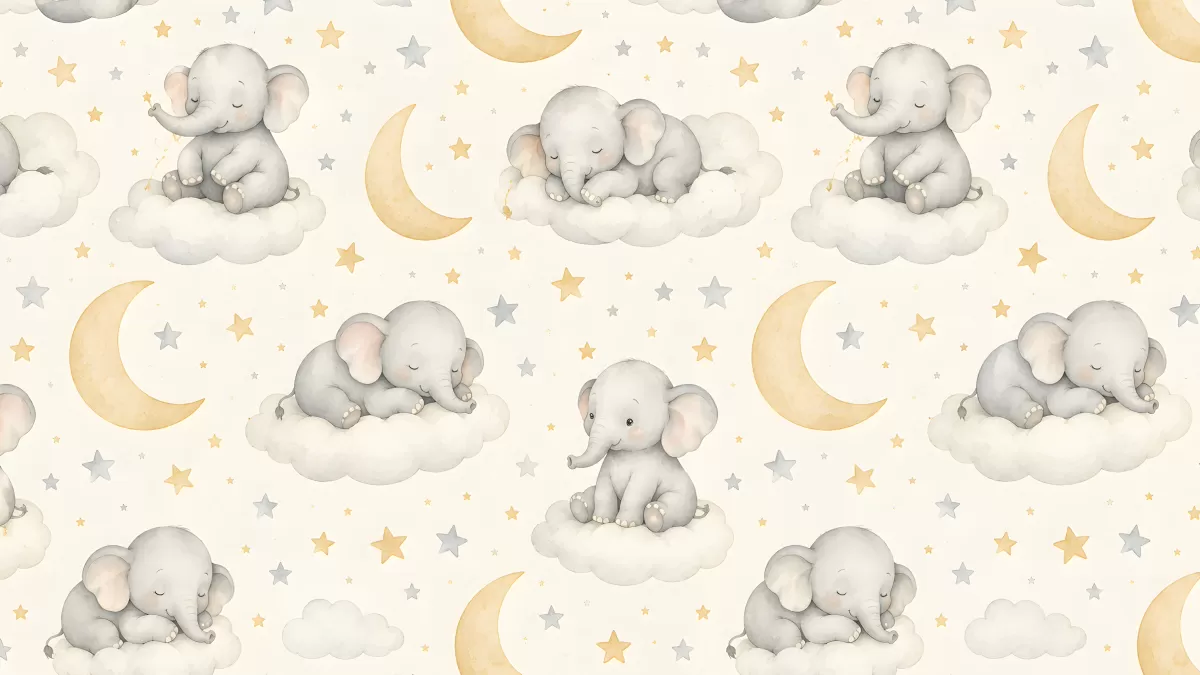 Süße Baby-Elefanten auf Wolken mit Mond und Sternen