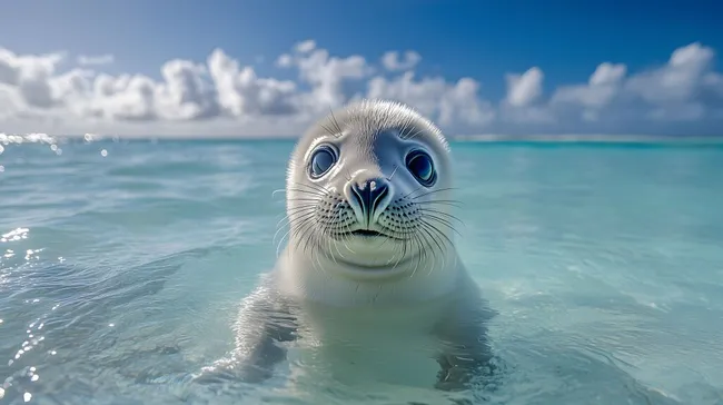Süße Babyrobbe schwimmt in glasklarem Ozean