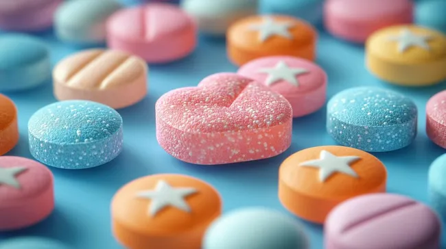 Süße, bunte Fruchtgummitabletten mit Sternen