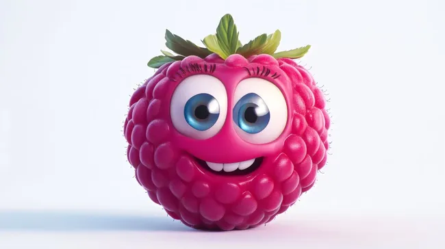 Süße Cartoon-Himbeere mit fröhlichem Gesichtsausdruck