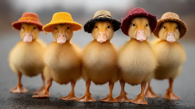 Süße Entenkücken mit bunten Strohhüten