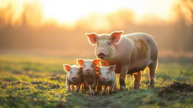 Süße Ferkel mit Mutter im Sonnenuntergang