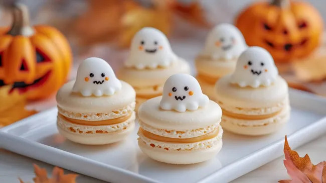 Süße Halloween-Macarons mit verspielter Geisterdeko