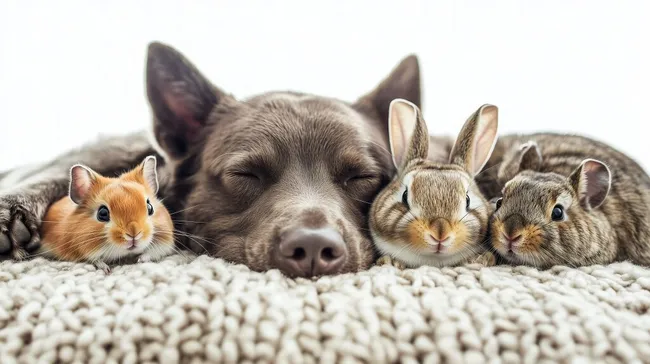 Süße Haustiere kuscheln gemeinsam auf kuschliger Decke