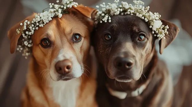 Süße Hunde mit Blumenkranz für romantische Hochzeit