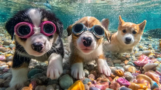 Süße Hunde mit Schwimmbrillen unter Wasser