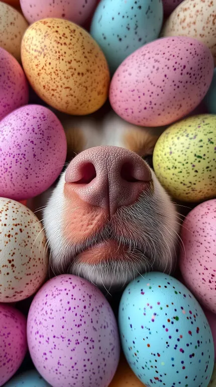 Süße Hundeschnauze zwischen bunten Ostereiern