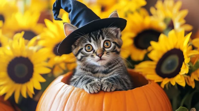 Süße Katze in Hexenkostüm auf Herbstkürbis