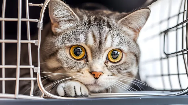 Süße Katze in Transportbox mit offener Tür