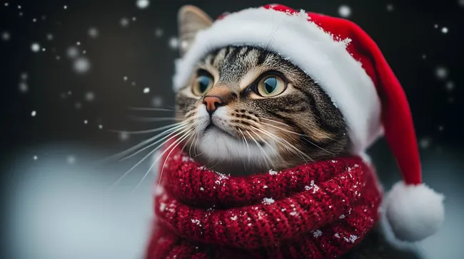 Süße Katze in Weihnachtsverkleidung im Schnee