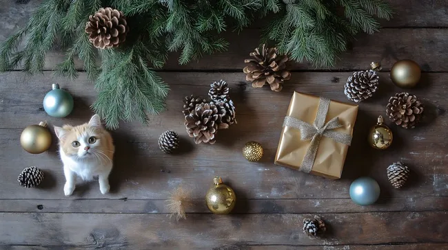 Süße Katze in winterlicher Weihnachtsdekoratio