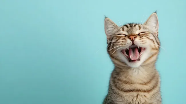 Süße Katze lacht vor blauem Hintergrund