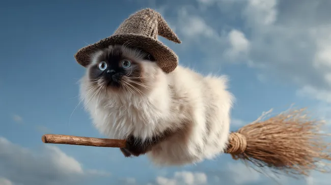 Süße Katze mit Hexenhut auf fliegendem Besen