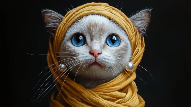 Süße Katze mit Perlenohrring in gelbem Schal