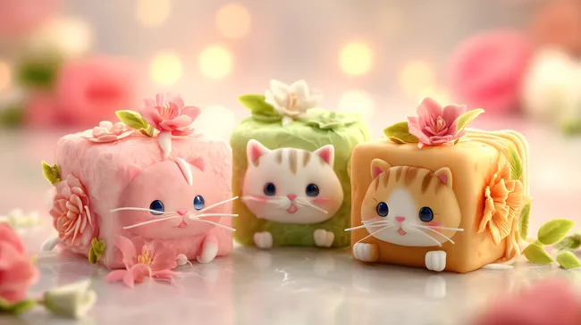 Süße Katzen-Petit-Fours mit Blüten verziert