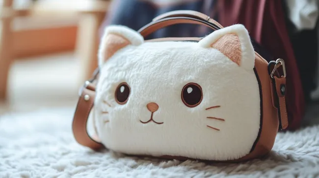 Süße Katzen-Plüschtasche mit Ledergriff