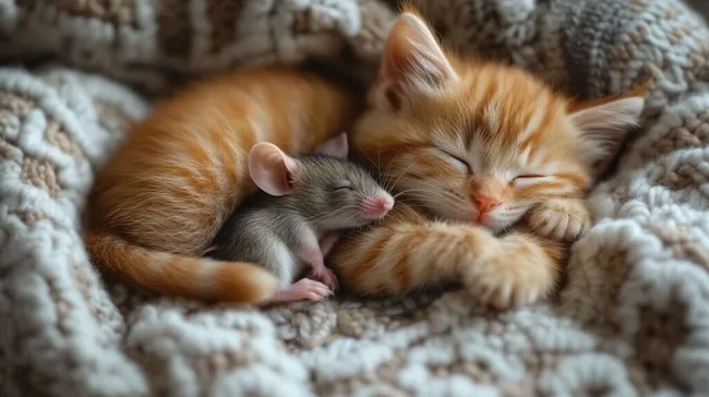 Süße Katzengeschwister kuscheln schläfrig zusammen