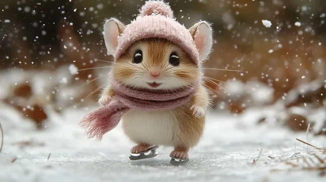 Süße Maus in Winterkleidung beim Schlittschuhlaufen im Schnee