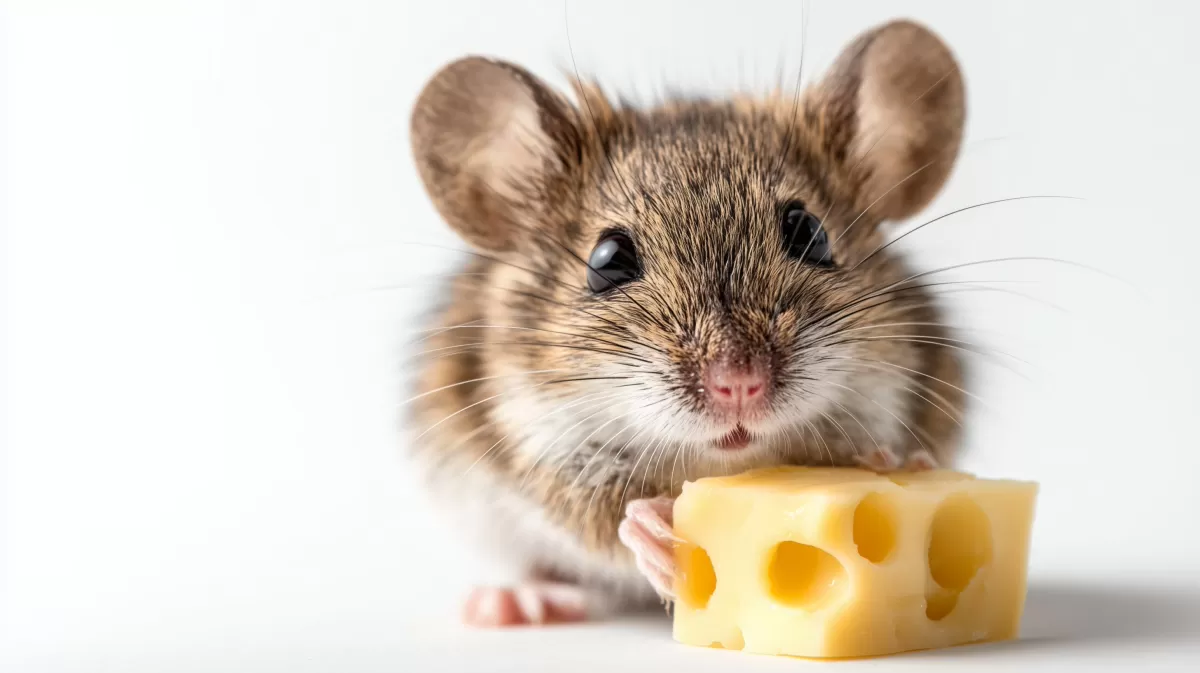 Süße Maus knabbert an Käsestück