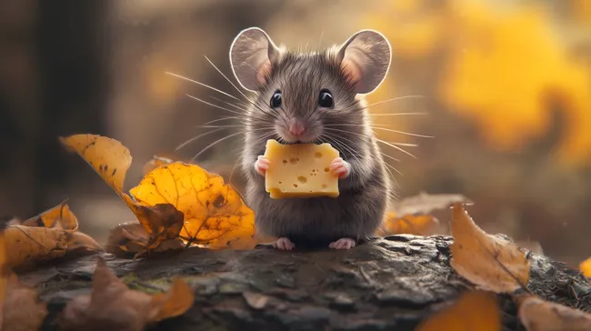 Süße Maus mit Käsestück im herbstlichen Laub