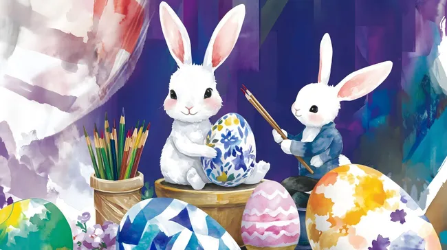 Süße Osterhasen beim Eierfärben in bunter Aquarell-Illustration