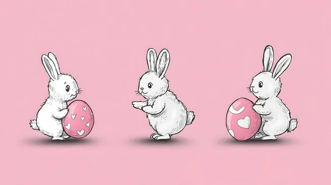 Süße Osterhasen mit bemalten Eiern auf rosigem Hintergrund