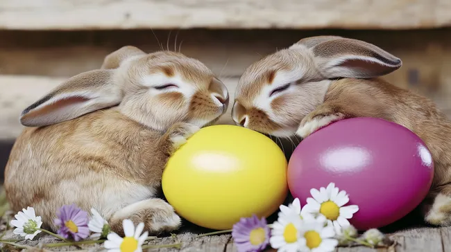 Süße Osterhasen mit bunten Eiern und Blumen