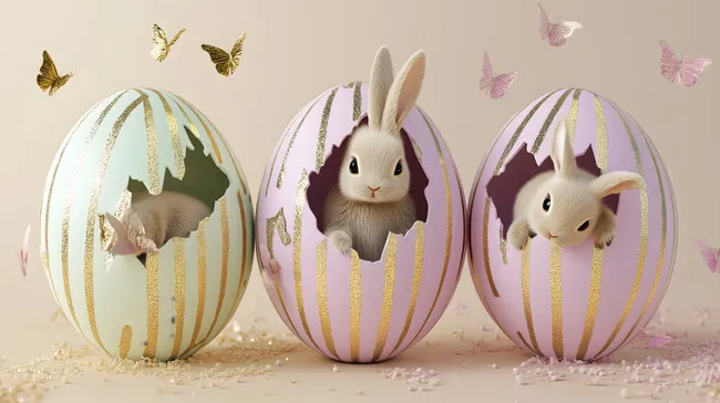 Süße Osterhasen schlüpfen aus goldverzierten Eiern